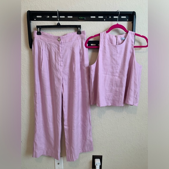 ANTONIO MELANI Pants - ANTONIO MELANI Light Pink Linen-Blend Wide-Leg Pants & Sleeveless Crop Tank Set